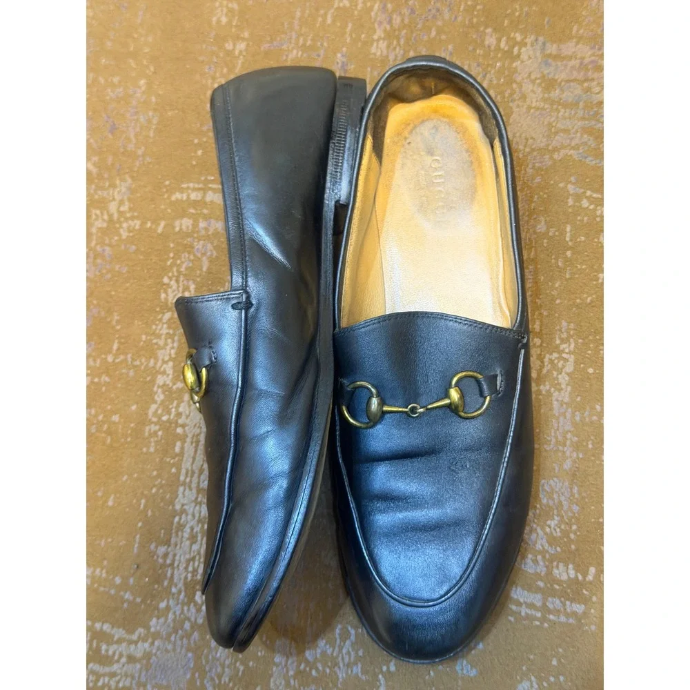 Gucci Brixton Black Leather Horsebit Loafers Collapsible Heel Mens 7 / Womens 9